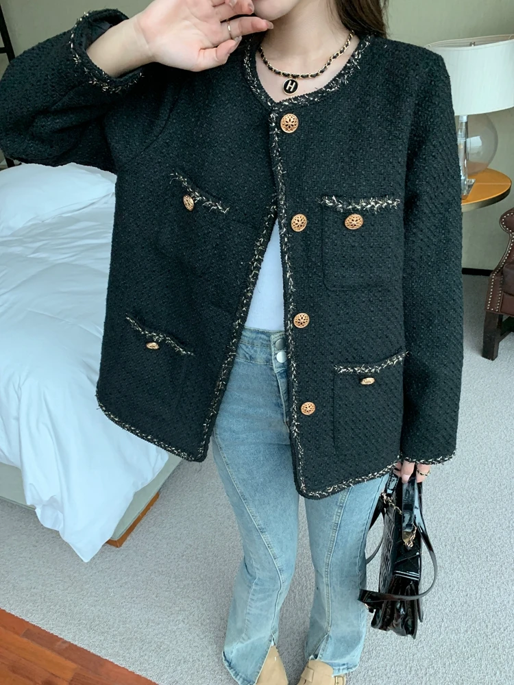 

Французская женская куртка, элегантная свободная куртка с длинным рукавом и цветными блоками, смешанная золотая проволока, грубая цветочная куртка для ежегодного собрания, зимняя мода