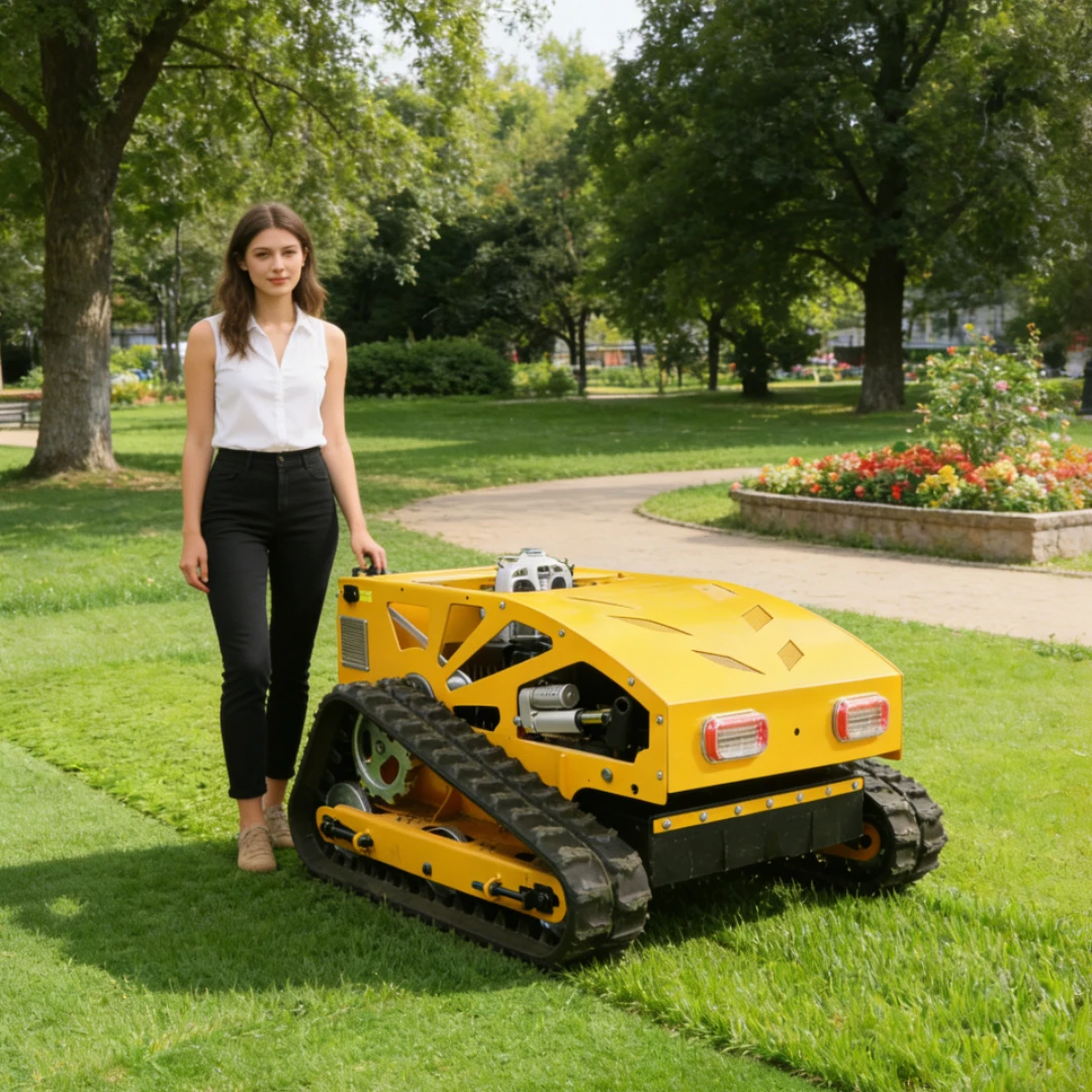

Customized all terrain remote-controlled lawn mower, diesel four stroke agricultural rubber track cutting machine