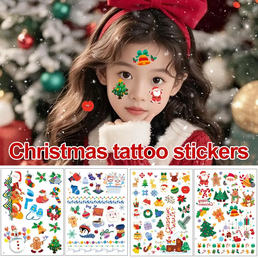 4 أوراق ملصقات وشم كرتونية أوروبية وأمريكية لعيد الميلاد للأطفال، سانتا كلوز لطيفة، حفلة الرنة والعطلات A4U6 #6