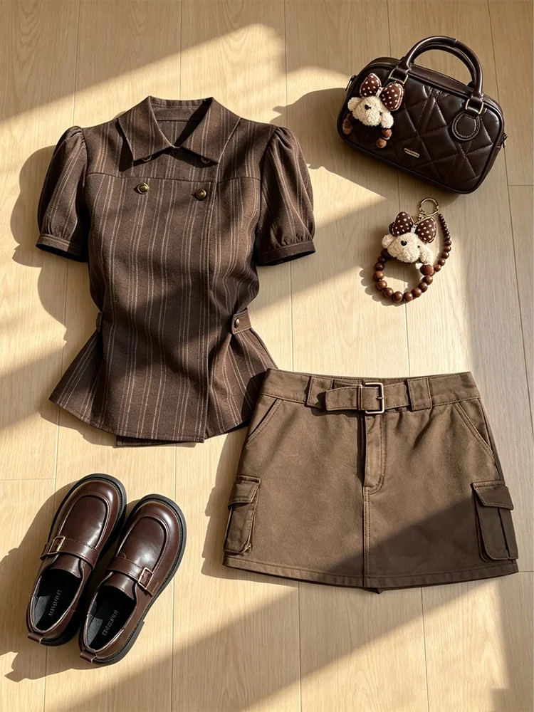 

Slimming Stripe Shirt And Short Skirt Set Women's Summer New Style Workwear Short Sleeve Shirt Waist Cinching Fashion Set