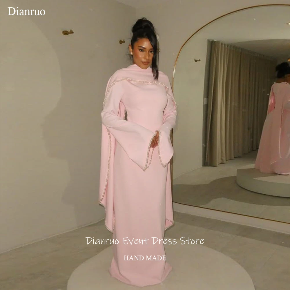 

Dianruo Modest Pink Long Sleeves Evening Dress Luxury Pearls Prom Gowns Muslim Saudi Arabric فساتين سهرات Customized