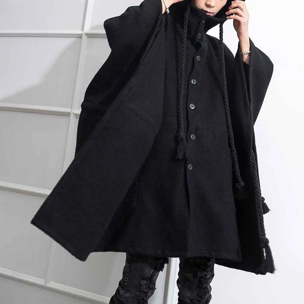

XS-5XL Мужская накидка с капюшоном, осенняя британская накидка из витой веревки, уличная мода, уличный темный топ с длинными рукавами, мужская одежда 2025