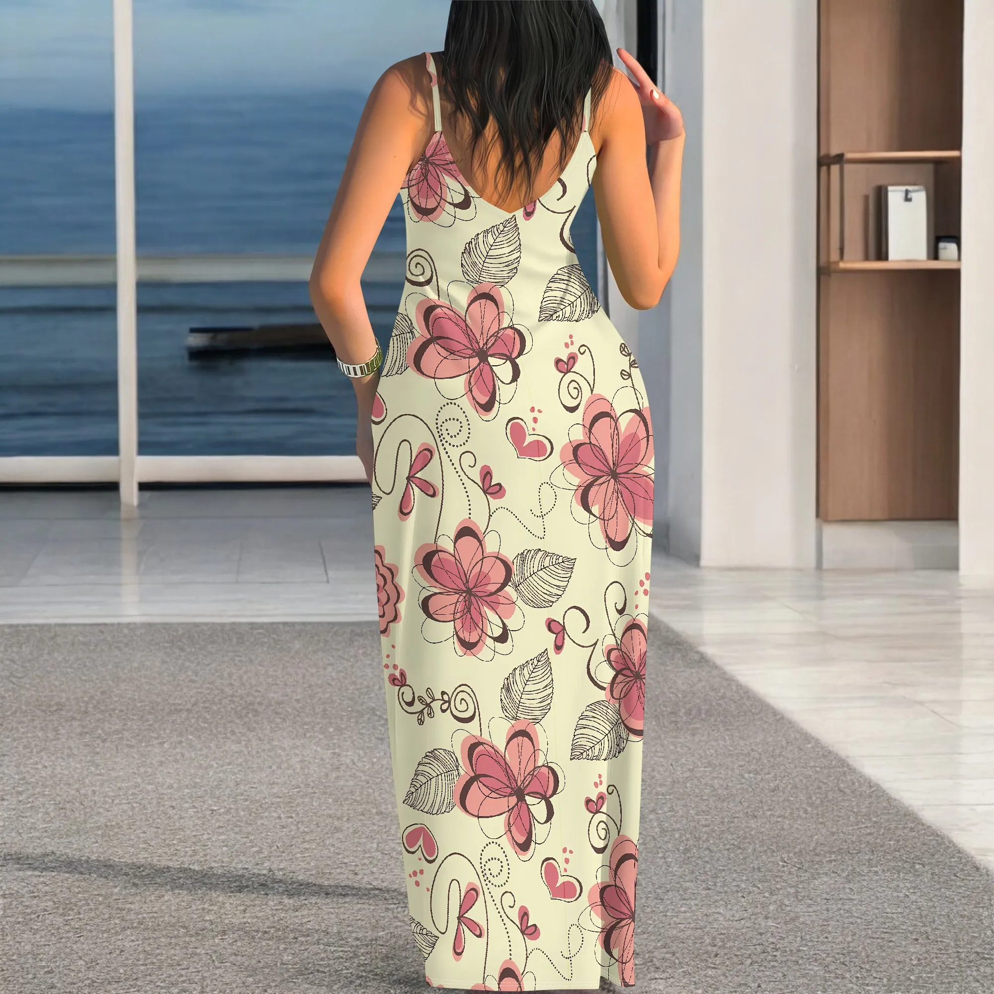 Romantisches, ärmelloses Maxikleid mit Blumen-Herz-Print, Boho-Spaghettiträger, Valentinstag-Look