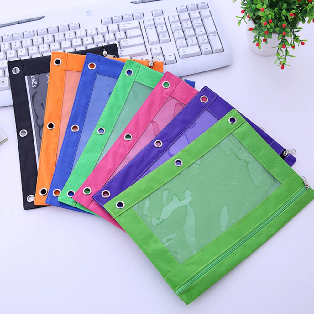 

5pcs Transparent Zipper Pencil Case 3 Ring Hole Large Capacity Stationery Bag File Bag For Pens Pencils Erasers Oxford Fabric