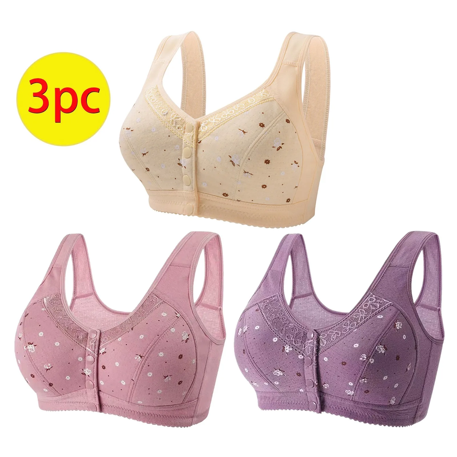 3Pcs/Set Plus Size Women Lingerie Bra Front Closure Push Up Bras Sexy Soft Underwear Lace Print Wide Straps Breathable Tank Tops