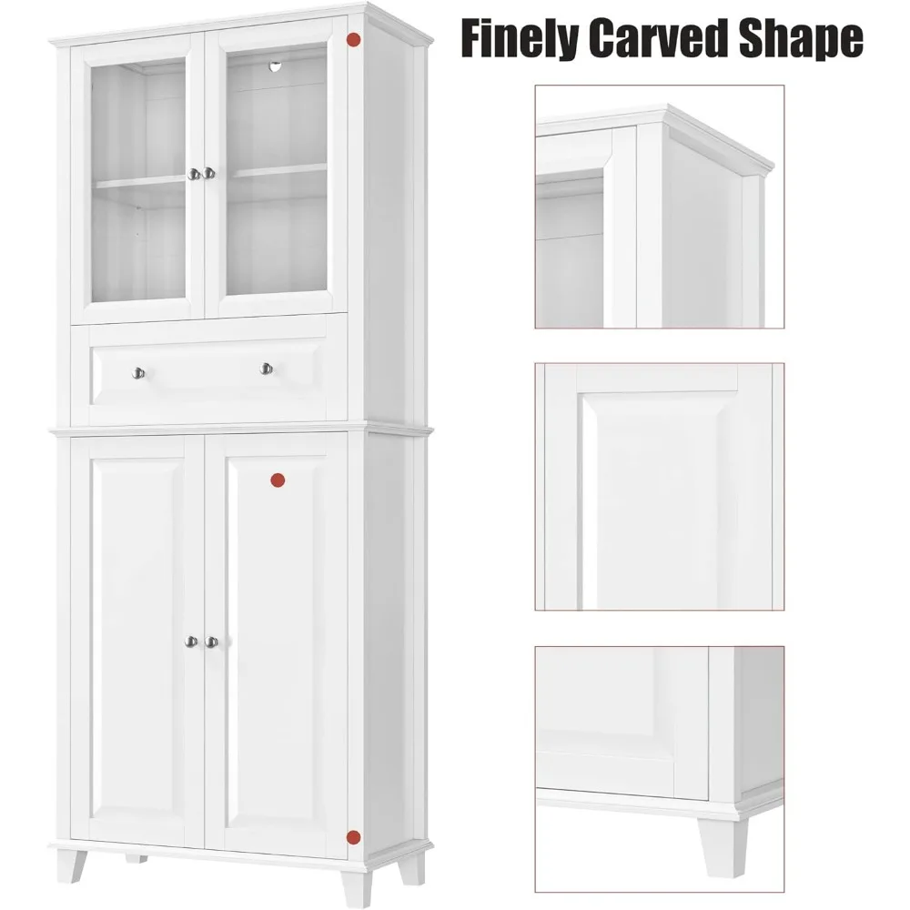 خزانة تخزين الحمام قائمة بذاتها بطول 73.8 بوصة مع أبواب زجاجية ذات درج كبير وخزانة كتان أرفف قابلة للتعديل