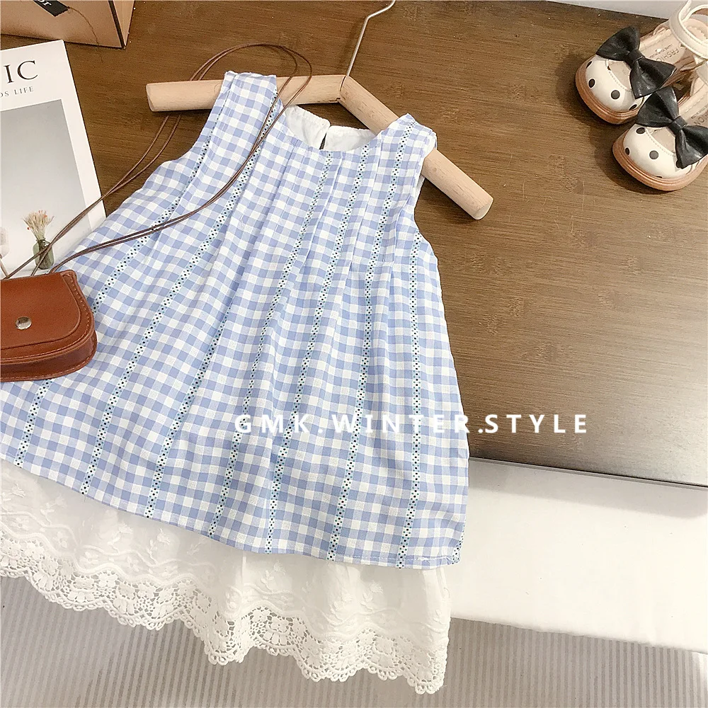 2026 Stylish Girls Dress Summer New Baby Girl Plaid Camisole Princess Dress Kids Fresh Lace Lace Skirt