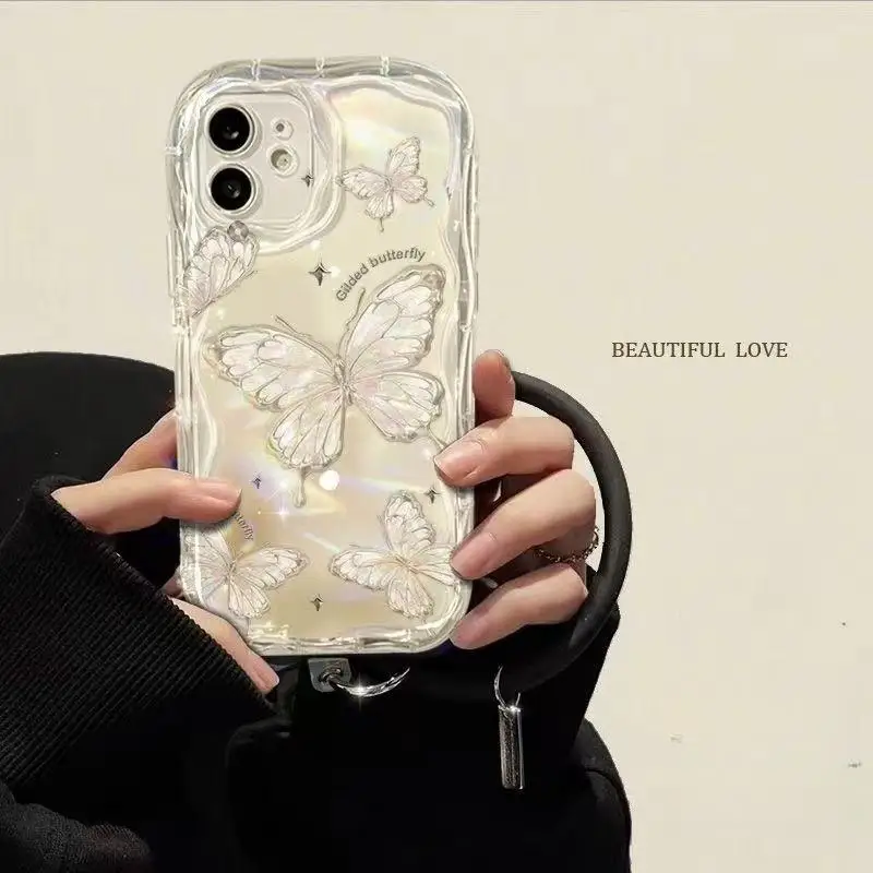 Laser Pearl Chain Butterfly Phone Case For IPhone 15 14 13 12 11 Pro Max X XS XR 6 6S 7 8 Plus SE 2 3 Mini Cover Soft Luxury