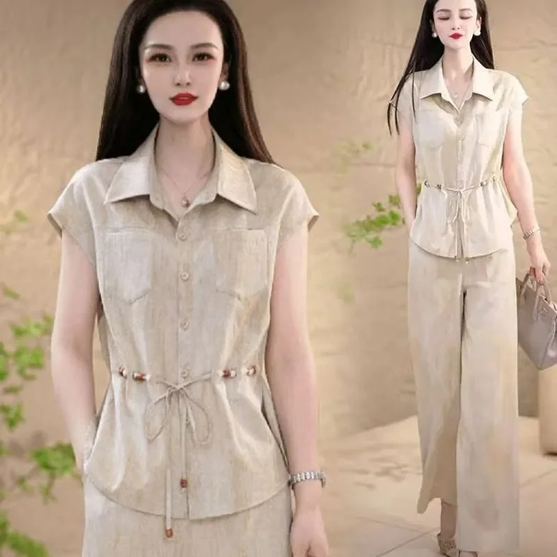 

Summer Ladies Solid Color Two-piece Suit 2025 Female Light Luxury Short Sleeves Outfit Korean Women Large Size 4XL Leisure 2PCS
