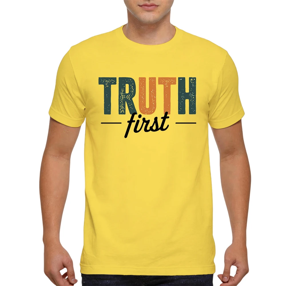 New Summer Mens 100% Cotton T Shirt Truth First Retro Distressed Letter Print Casual Breathable Short Sleeve Daily Wear
