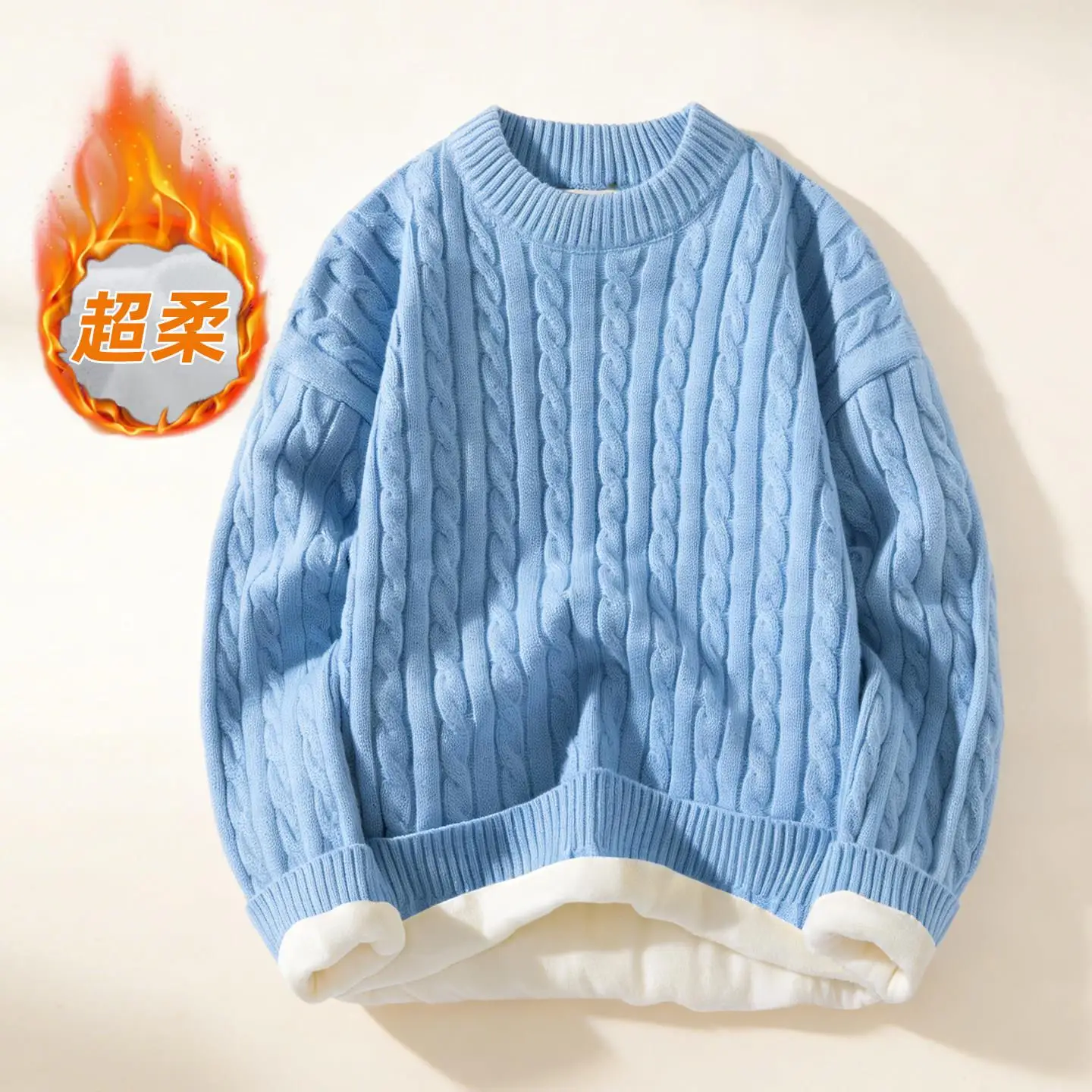 

Thick Knitted Sweater Men Crew Neck Loose Teens Students Winter Fleece Lined Thick Warm Knitwear Casual Style round Neck Pull...