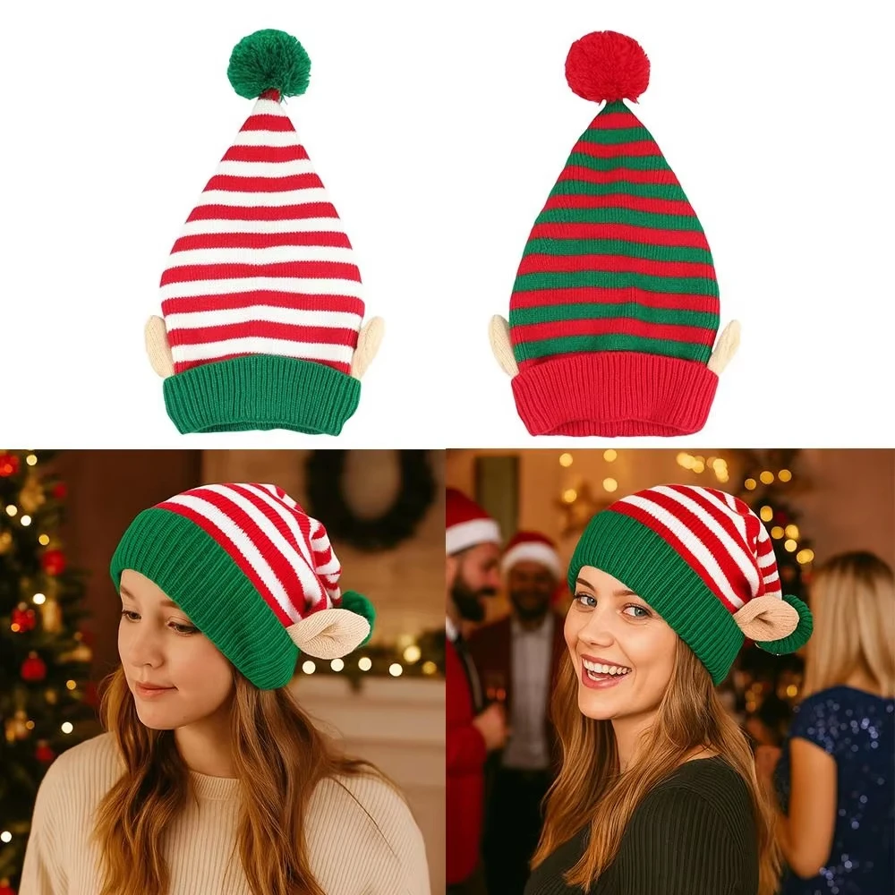 1PC Christmas Holiday Gift Striped Pattern Christmas Hat with Small Ears Xmas Cap Holiday Knitted Hat Winter Party Accessories