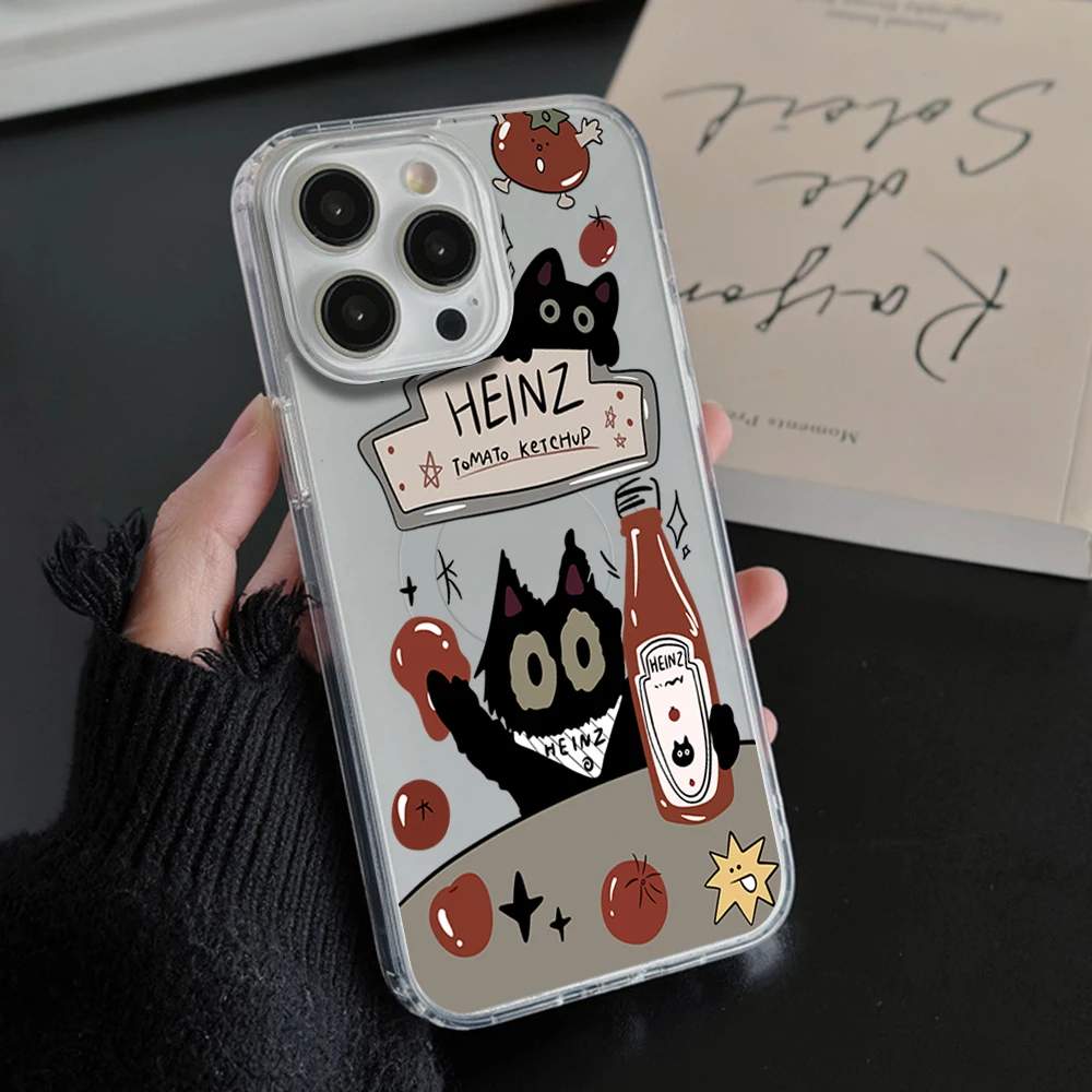 Black Cat Tomato Sauce Phone Case For iPhone 11 12 13 14 15 16 Pro Max Plus Magesafe Magnetic Transparent Charge Soft Shell