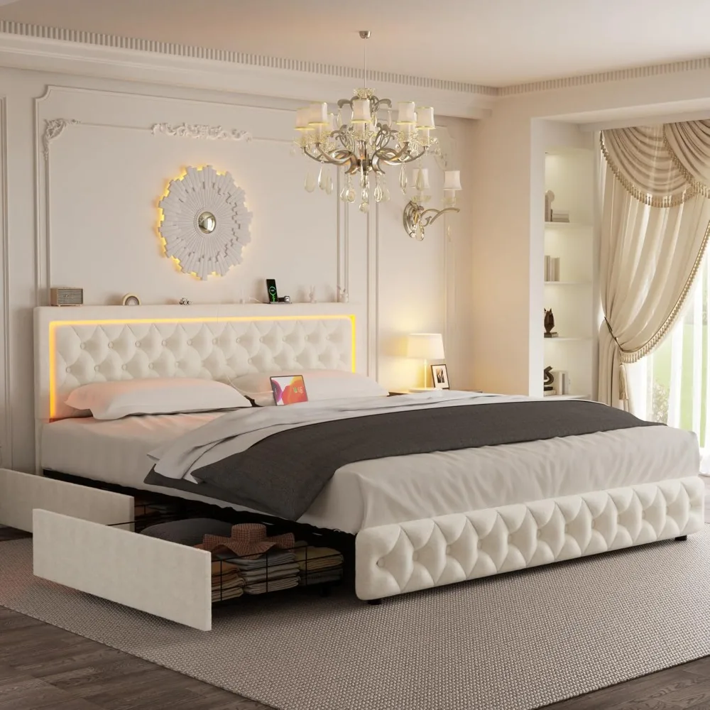 Queen Bed Frame with 4 Storage Drawers, Velvet Upholstered Bed Frame Queen Size with Charging Station and LED Lights, 46