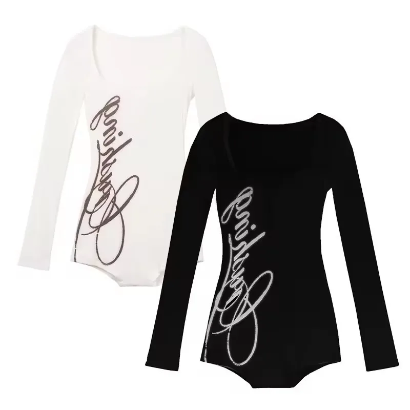 Long Sleeve U Neck Printed Slim Fit Mid Waist Straight Leg Bodysuit Sexy Clothes For Women Body Femmes One Pieces Medium Weight