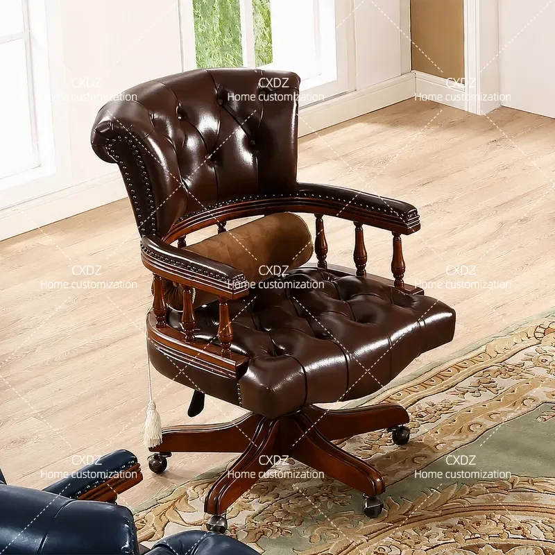 American Style Solid Wood Leather Office Chair High Back Boss Chair for Home Study Computer Desk Seat Ergonomic Cowhide