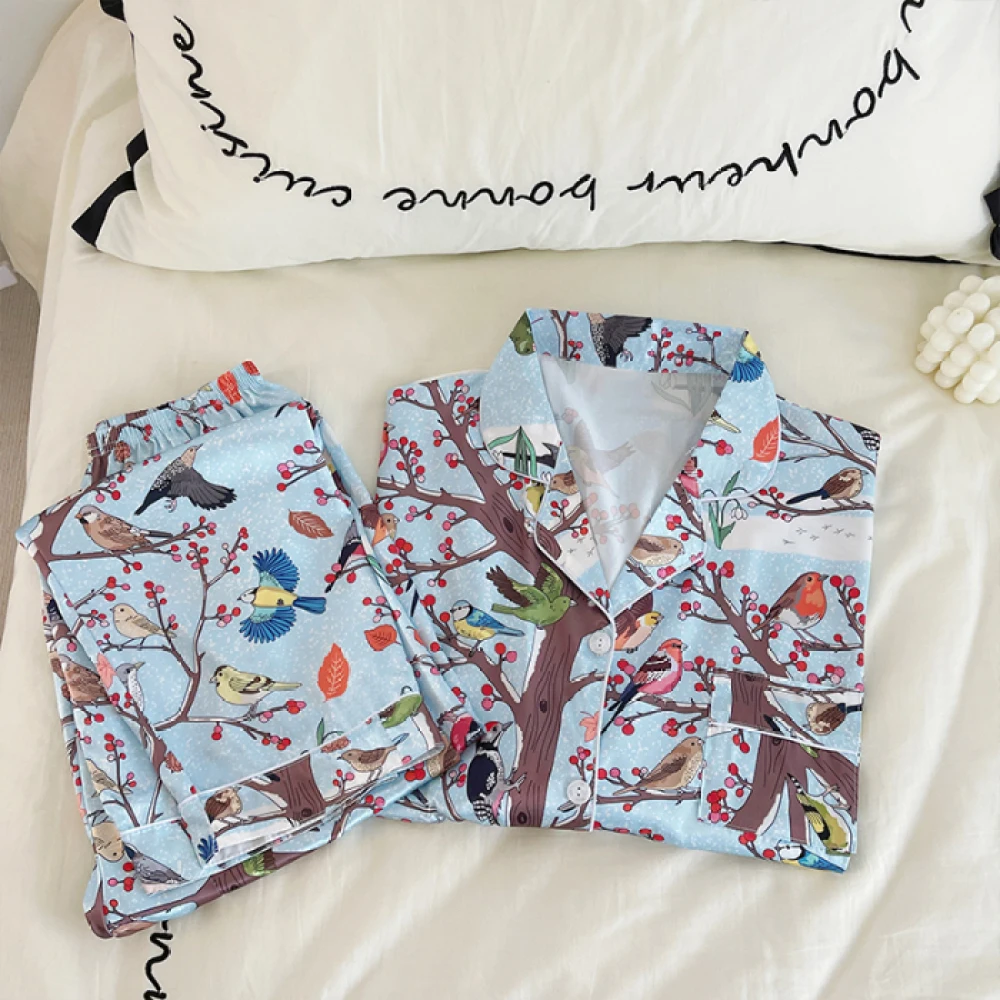 Floral Print Simulated Silk Women Sleepwear 2024 Spring Autumn China Style Ink Painting Classic Pajamas Loose Soft Lady Lounge