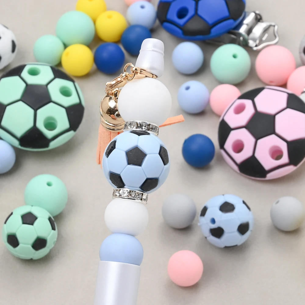 23pcs/set Football Series Silicone Clip Round Beads Set For Handmade Pacifiers Chain Beaded Pen Handicrafts Accessories