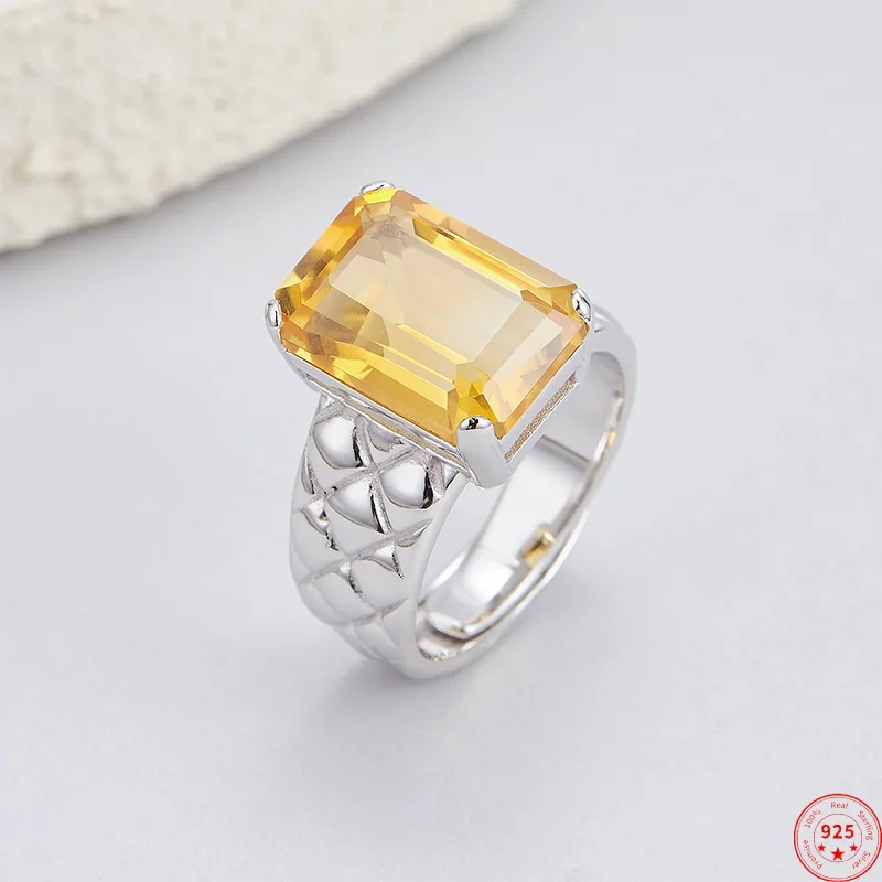 

S925 Sterling Silver Rings for Women Men Irregular Texture Pattern Inlaid Tangent Plane Natural Citrine Jewelry Wholesale