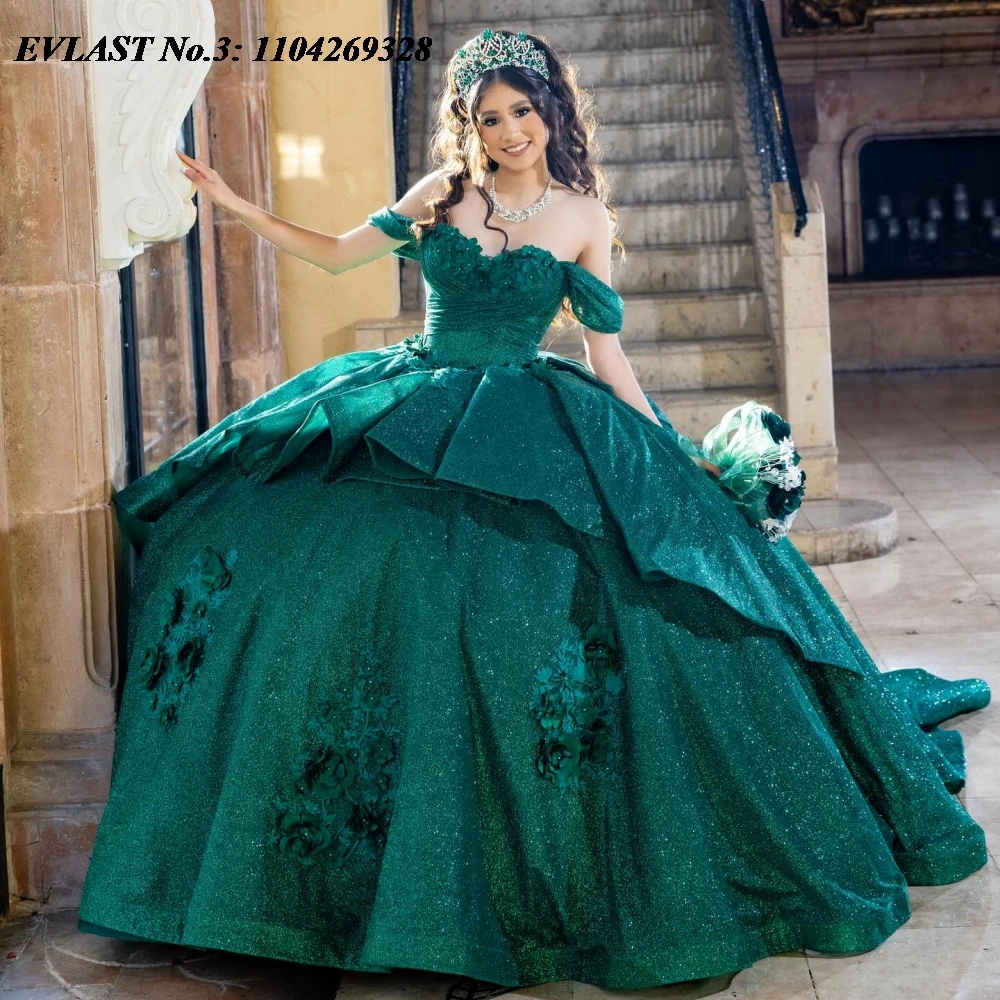 

EVLAST индивидуальное блестящее темно-зеленое платье Quinceanera, бальное платье с кружевной аппликацией и бисером, многоуровневое сладкое платье 16, Vestido De 15 Anos E3Q310