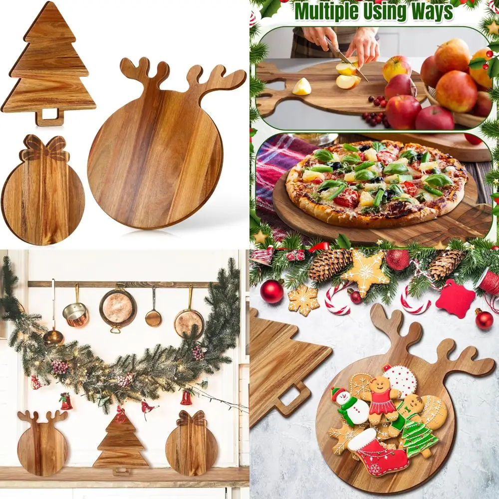 

Large Round Acacia Wood Christmas Charcuterie Board with Xmas Tree and Antler Wreath Design for Festive Serving