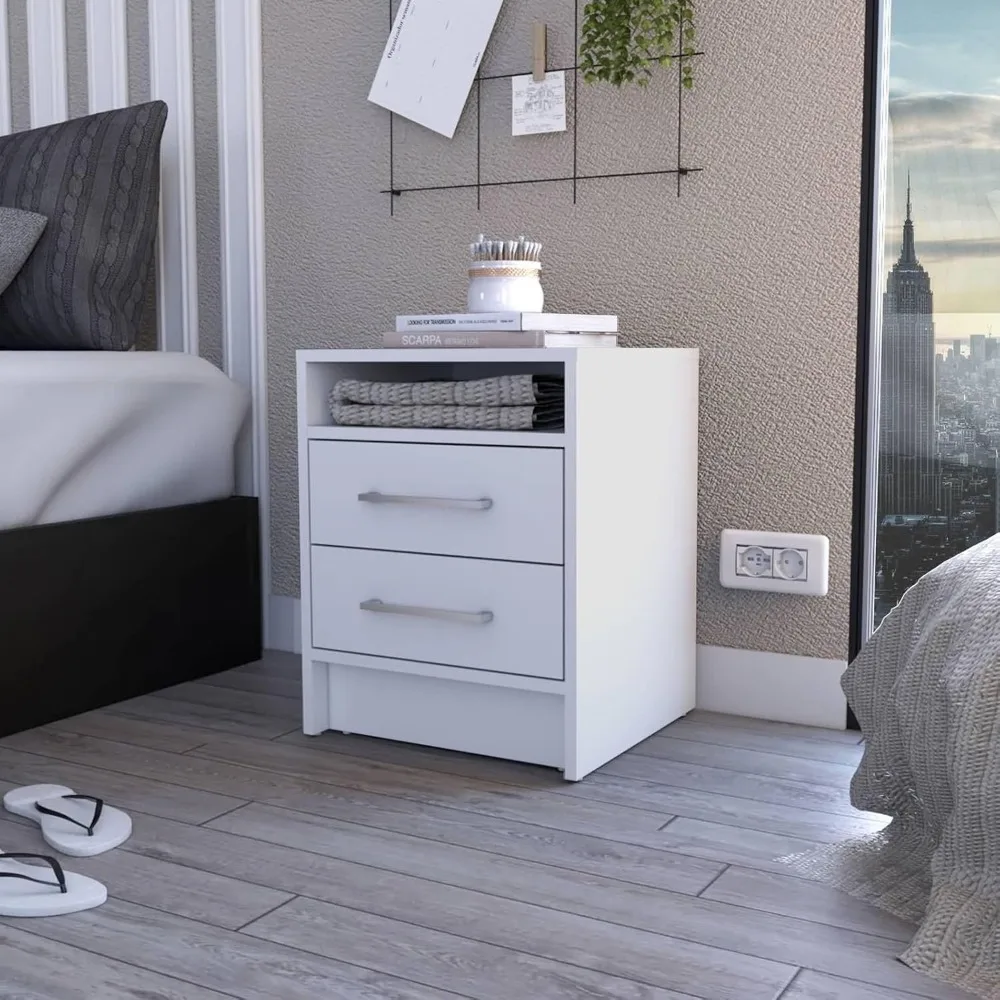 

Bedside Cupboard 2-Drawers 1-Shelf Rectangle Nightstand White Nightstands for Living Room Bedroom