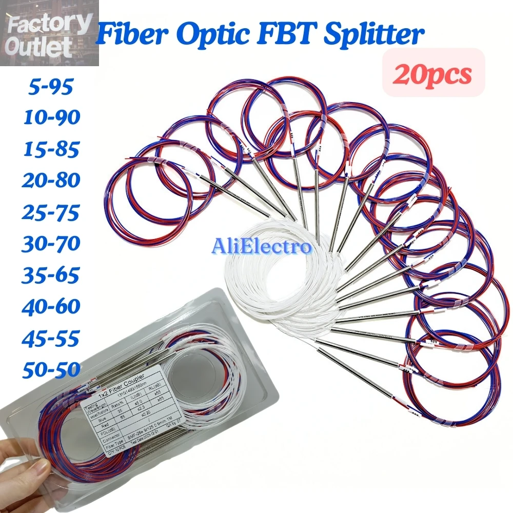 20pcs Fiber Optic FBT Splitter 10/90 20/80 30/70 40/60 50/50 Various Types 1x2 0.9mm Unbalanced Coupler Without Connectors