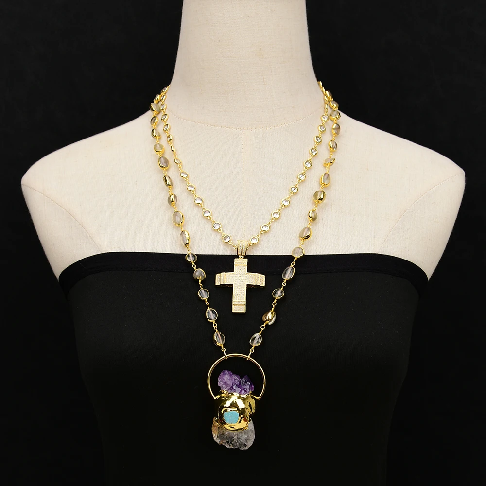 

GG 2 Rows Natural Yellow Citrine Gold Edge CZ Crystal Chain Necklace Turquoise Amethyst Citrine Rough Cross Pendant