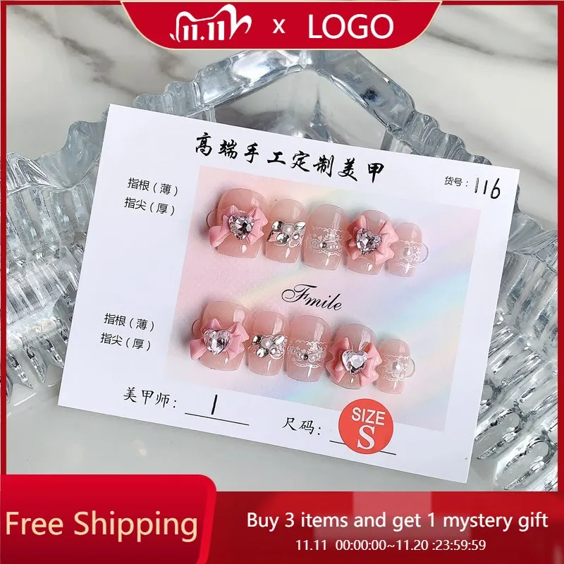 

10pcs Handmade Press on Nails Pink Bow Heart Diamond Short Ladder Full Coverage Nail Tips for Women&Girl Removable Wearable Nail