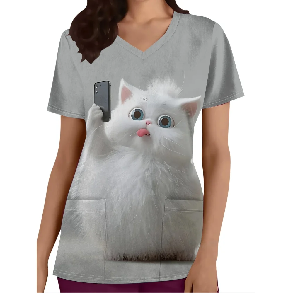 Leuke Kat Print Klinisch Uniform Vrouw Zomer Mode V-hals Scrubs Vrouw Casual Korte Mouw met Pocket Top Verpleegster Uniform Vrouw