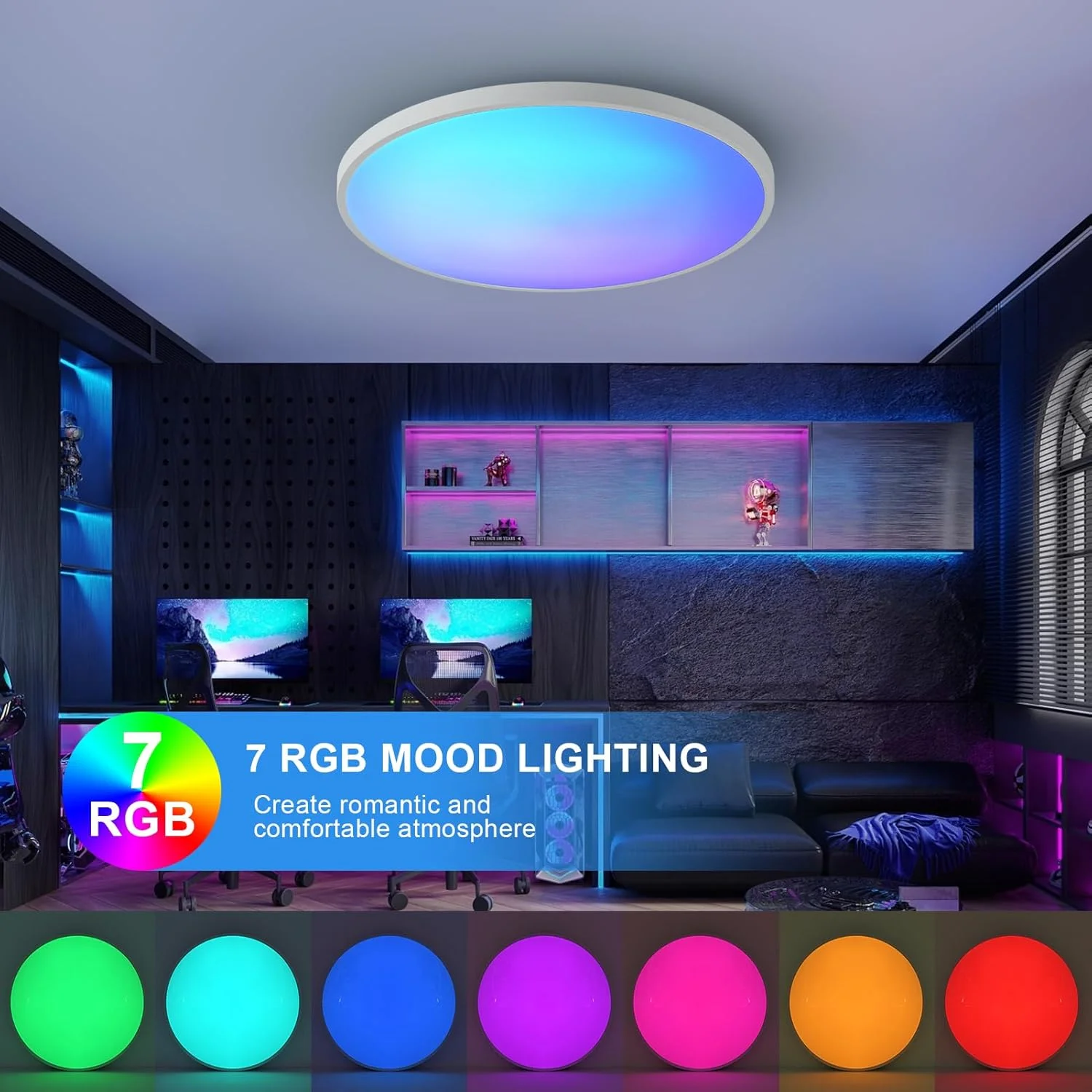 Smart LED Ceiling Light,Dimmable Ambient Lighting,RGBCW Lamp Work With Remote&APP,Bedroom,Living Room,Hallway,Kitchen Decoration