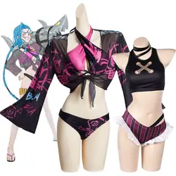 LOL Arcane Jinx Vi Cosplay Swimsuit Costume for Women Female Bikinis Set Girls Swimwear Fantasia Roleplay Outfits Halloween Suit