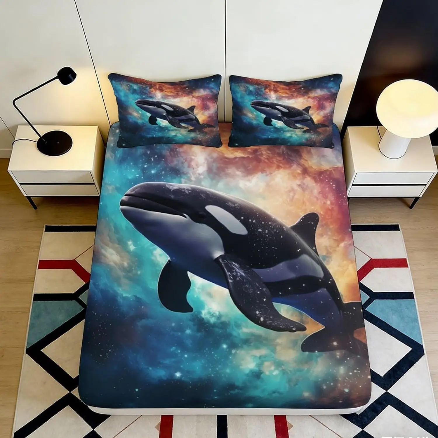 Whale Fitted Sheet Kawaii Killer Whale Bed Sheets Set Full, Queen Orca Pattern Sheet Set With Deep Pocket Marine Life Bedding