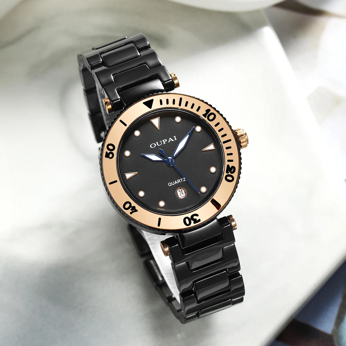 Oupai watch women's black ceramic Japan quartz move fashion simple luminous calendar simple waterproof