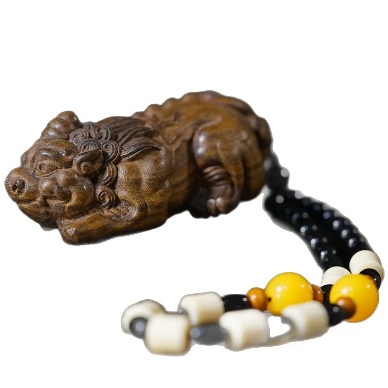Blackwood Agarwood Carved Unicorn Pixiu Handheld Piece Pendant Cultural Play Wooden Craft Festival Gift