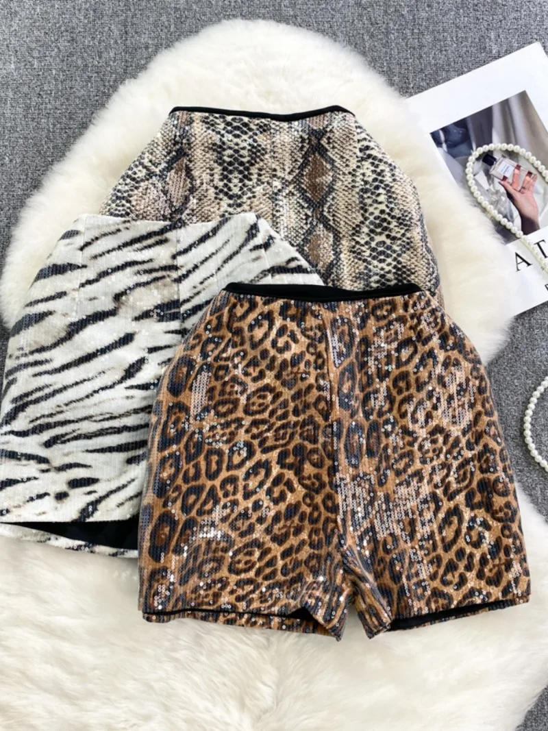 Serpentine Zebra Striped Leopard Print Sequins Shorts Women Trend High Waist Straight Pants Y2K Streetwear Wild Party Clubwear