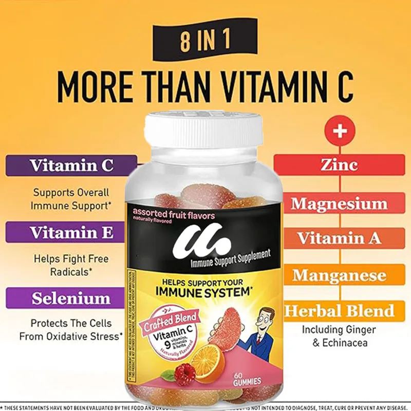 Adult Vitamin C gummies, containing powerful antioxidants Vitamin C and E, caffeine free, various fruit flavors