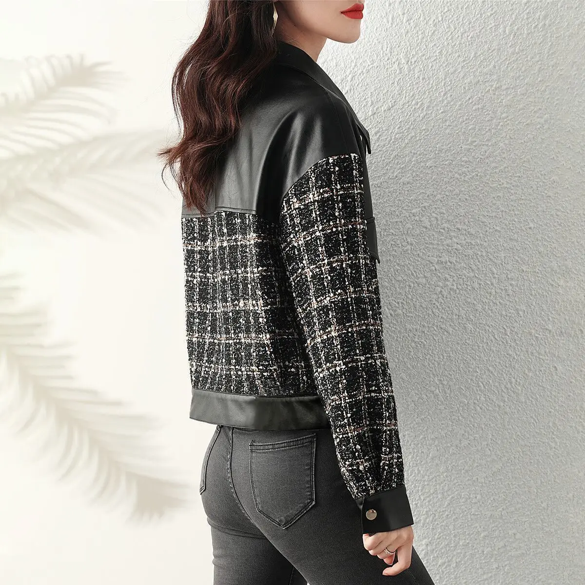 Women Motorcycle Leather Plaid Patchwork Jacket Cool Turn-down Collar False Pocket Design Autumn Winter Coats Single Breasted