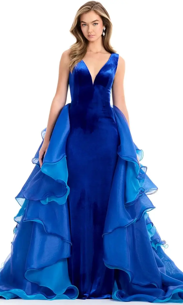 Abiti da sera lunghi a sirena personalizzati Abiti da ballo da donna per feste formali con scollo a V in organza di velluto a strati blu royal