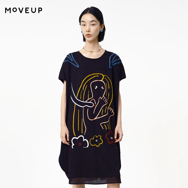 

MOVEUP Short Sleeves Round Neck Dress 2026 Summer Fun Character Embroidery Woven Label Knitted Office Lady Dress Women 125210541