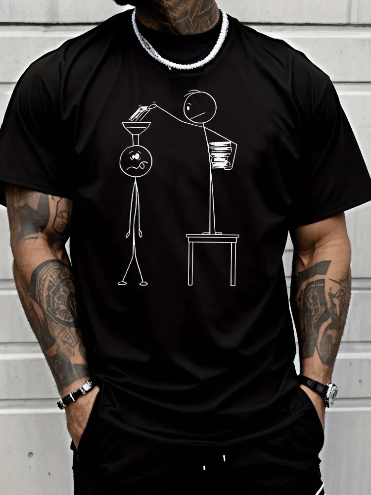 Men Summer Black Short Sleeve Tee Funny Stick Figure Pour Money Print Loose Hip Hop Crew Neck Daily Streetwear Casual Top