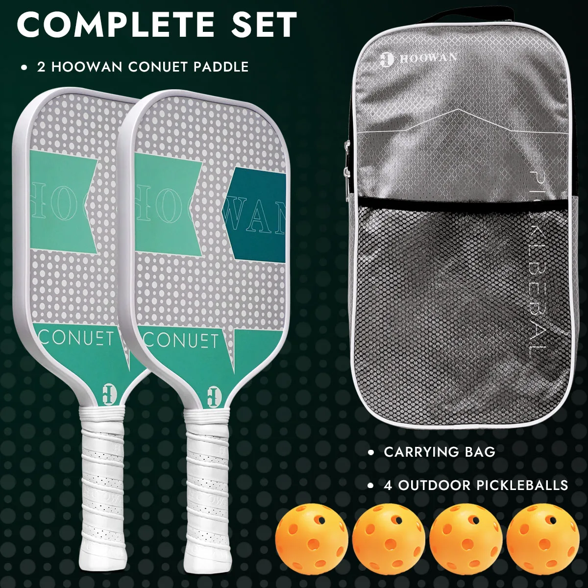 HOOWAN Set 2 raket Pickleball, raket luar ruangan 4 bola, tas pembawa, ringan dan tahan lama