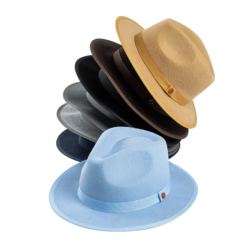 

100% Wool Felt Fedora Hat With Ribbon Band and Button Unisex Felt Hat Short Brim