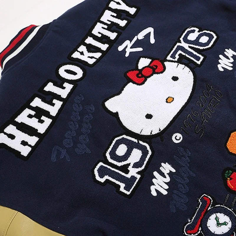 Sanrio Hello Kitty เสื้อแจ็คเก็ตวินเทจหนาอบอุ่นปักเทรนด์ยอดนิยมแนวโน้มหลวมคอตั้งของขวัญวันหยุดคู่รักการ์ตูน