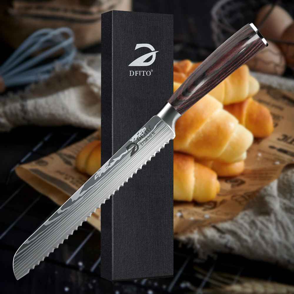 

Kitchen Bread Knife Serrated Design Laser Damascus Kitchen Knives 7CR17 Stainless Steel Blade Bread Chef Knives with gift box