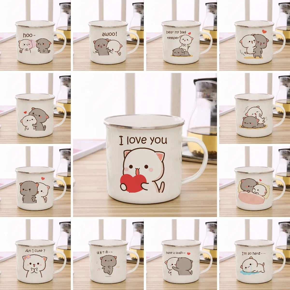 Peach and Goma cat enamel coffee tea cup cute animal breakfast dessert milk water cup couple gift