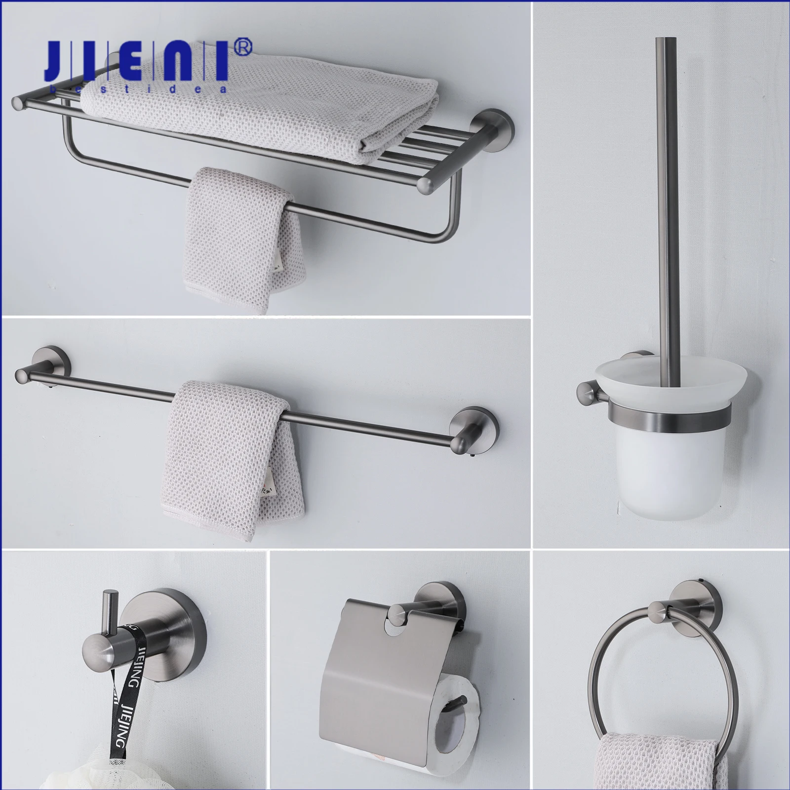 

JIENI Gun Серый набор оборудования для ванной комнаты Вешалка для полотенец из нержавеющей стали Вешалка для полотенец Держатель для бумаги Крючок для полотенец Держатель для туалетной щетки Кольцо для полотенец