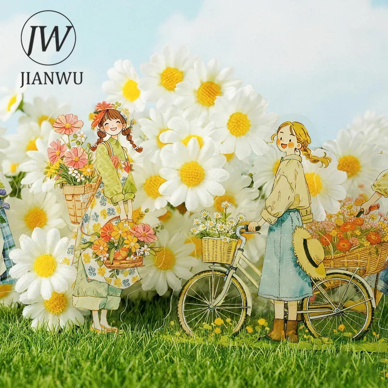 JIANWU The Wind Meets Flower Series Vintage Girl Character Landscape Material Collage PET Sticker Creative Journal Stationery