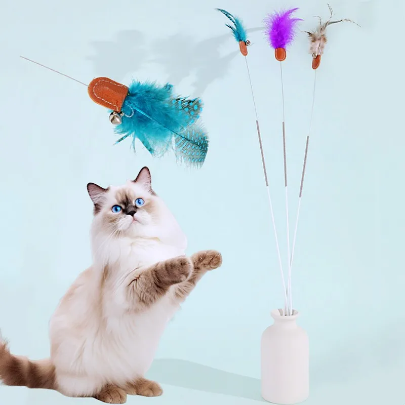 

Cat Toy Feather Cat Toys Interactive Spring Handle Cats Teaser Stick Toys Self-hi Feather Sticks Cats Toy with Bell Pet Products