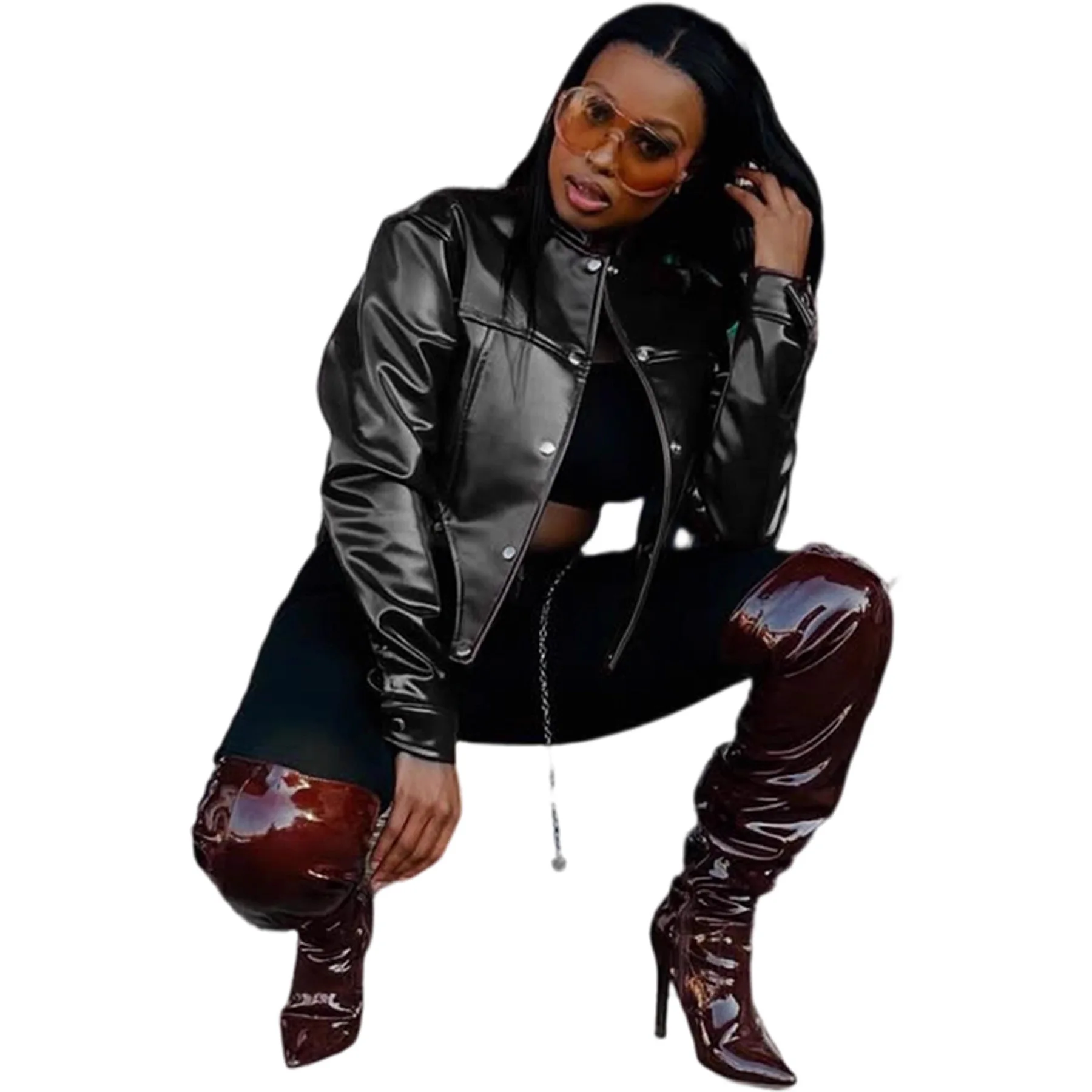 Frauen Kurze Mäntel Faux Leder Jacken Stehkragen Pu Mantel Arbeit Y2k Streetwear Jacke Zipper Slim Fit Oberbekleidung Herbst Winter